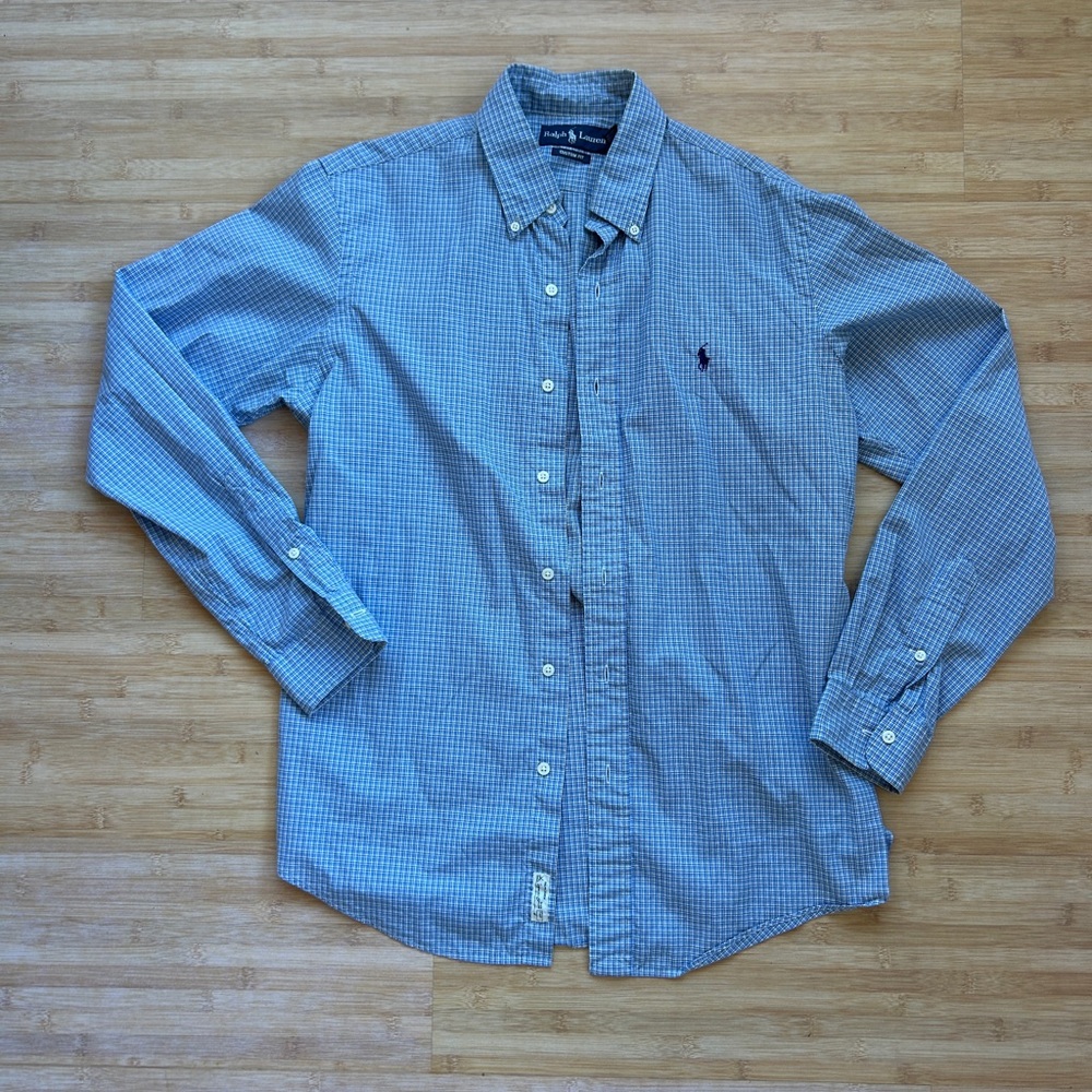 Ralph Lauren Men’s Medium Blue Plaid Button Down Shirt Custom Fit